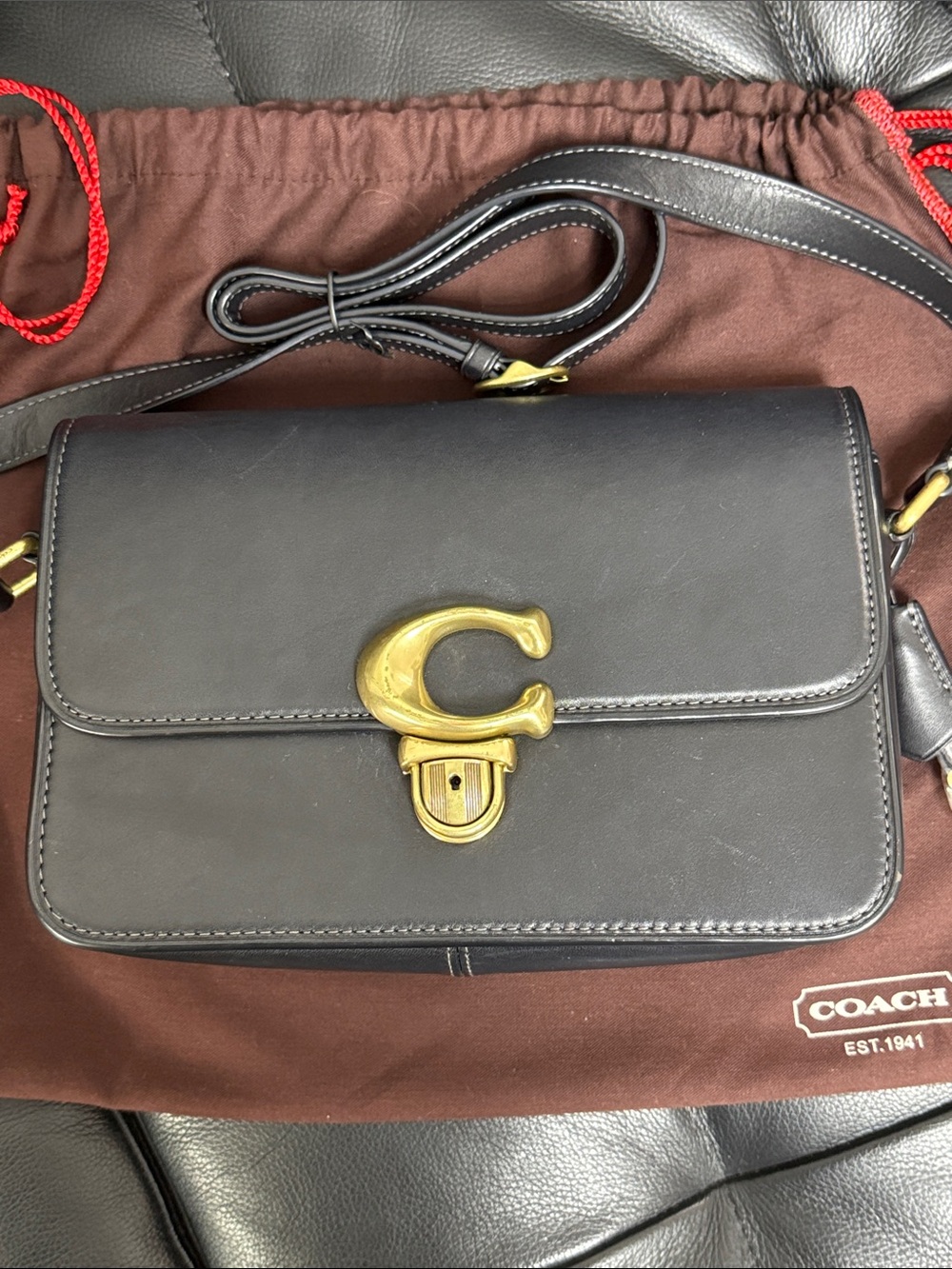 Coach Black Leather Crossbody with Brass 'C' Turn-Lock